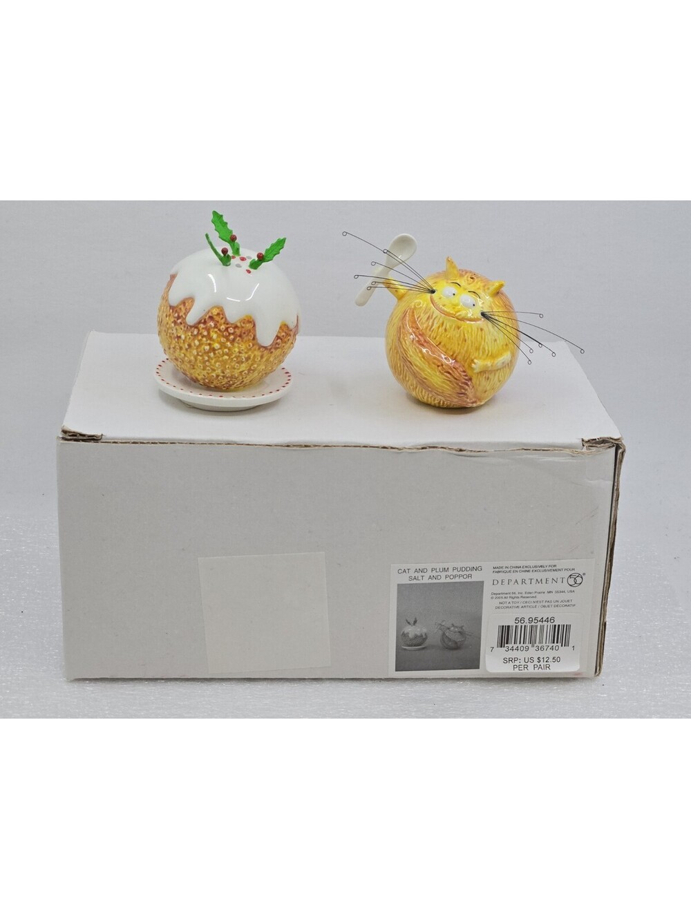 Dept 56 Cat And Plum Pudding Salt And Pepper Shaker Set NIB Rare & Hard To Find